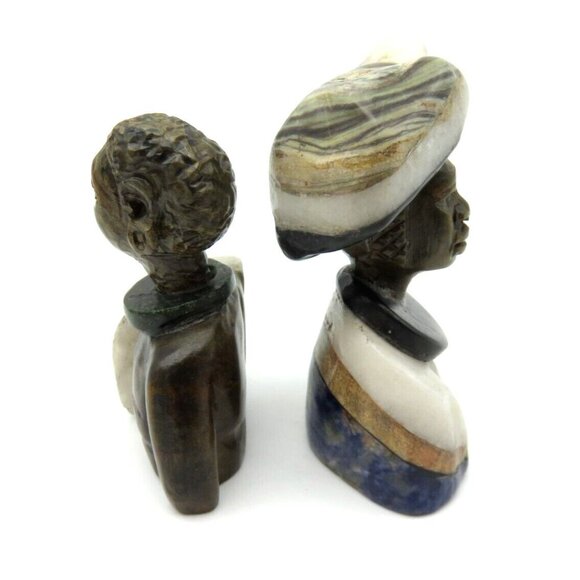 Small Stone Bust Set Colourful Hand Carved in Zimbabwe Africa 3.1" and 2.7" Tall - Picture 3 of 8